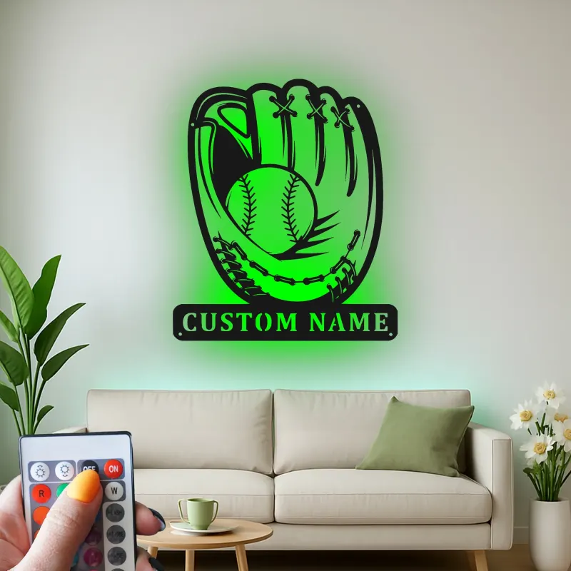 Custom Baseball Glove Led Light Metal Wall Art Personalized Sports Gift for Baseball Fans Game Room Decor