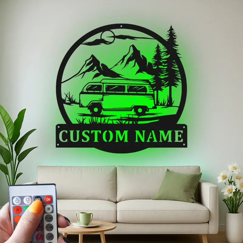 Cartel de metal LED con camper van personalizado, regalo para amantes de la aventura y decoración rústica