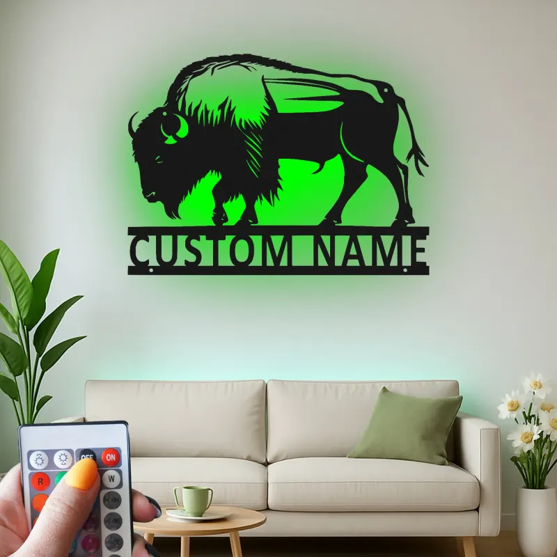 Insegna in metallo LED personalizzata con bisonte - Regalo selvatico per la casa - Decorazione rustica per soggiorno