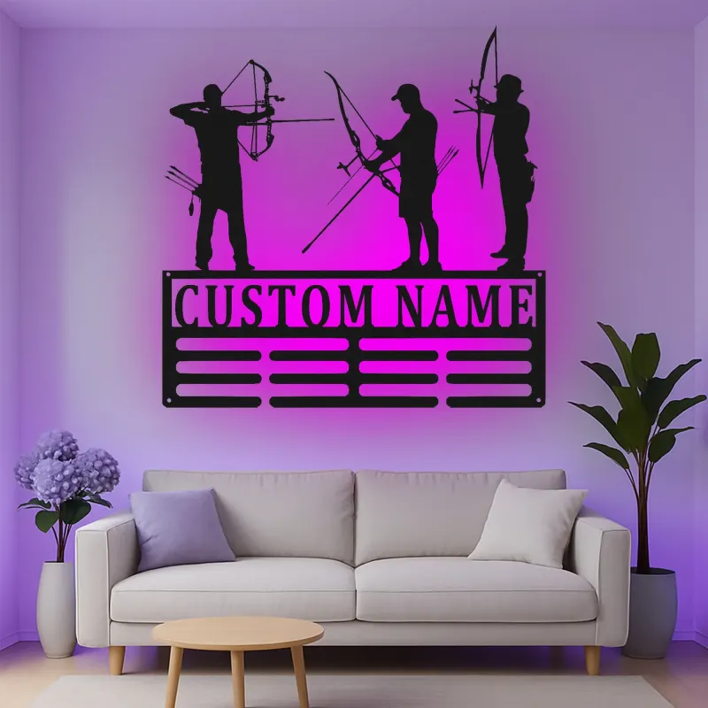 Cartel de metal personalizado con silueta de arquería y luz LED, regalo personalizado para arqueros, decoración para sala de juegos o man cave