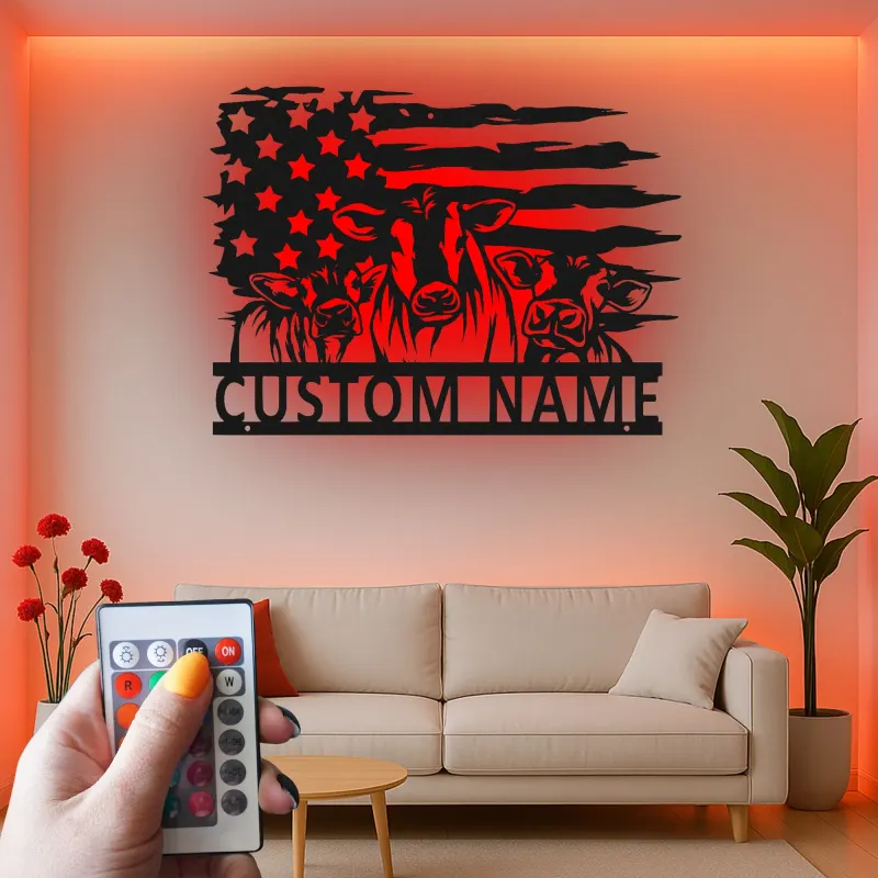 Insegna in metallo LED personalizzata con trio di mucche e bandiera americana
