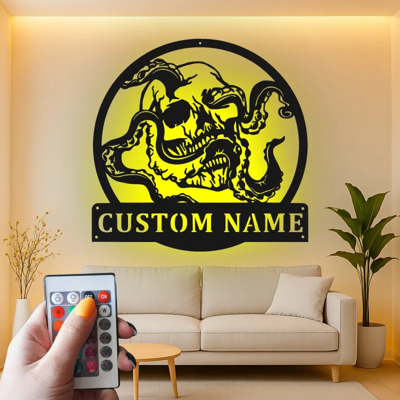 Panneau en métal LED Crâne & Pieuvre | Décoration murale nautique gothique personnalisée | Décor de pirate sur mesure pour salle de loisirs, bar ou studio