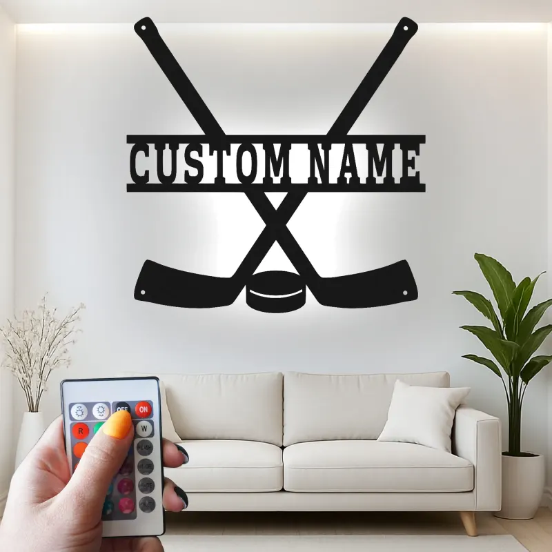 Panneau LED hockey personnalisé | Décoration murale en métal personnalisée | Déco salle de jeux et chambre ado | Cadeau pour joueur de hockey