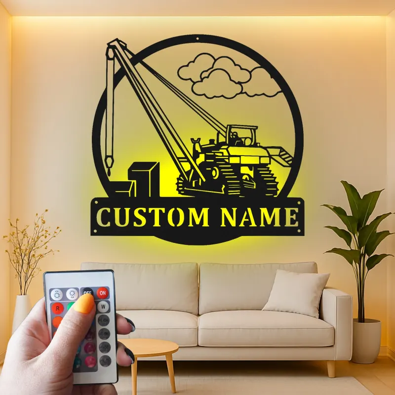 Personalisierte LED-Metall-Wandkunst mit Bagger – Geschenk für Bauprofis, Garage oder Werkstatt