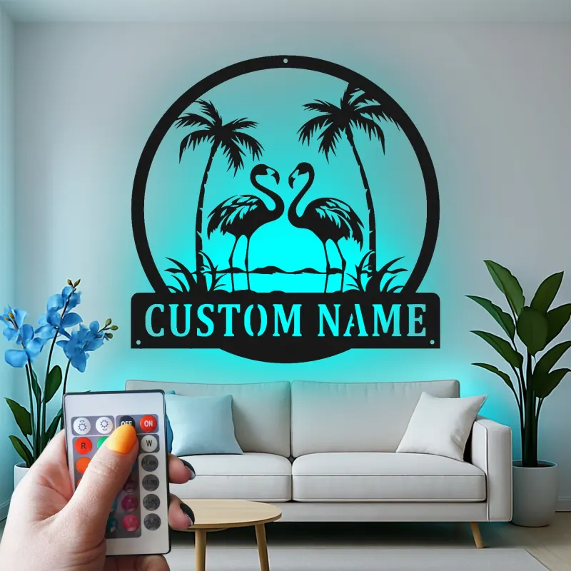 Cartel de metal LED de flamenco | Cartel tropical personalizado | Decoración de casa de playa y salón a medida | Luz de palmera costera