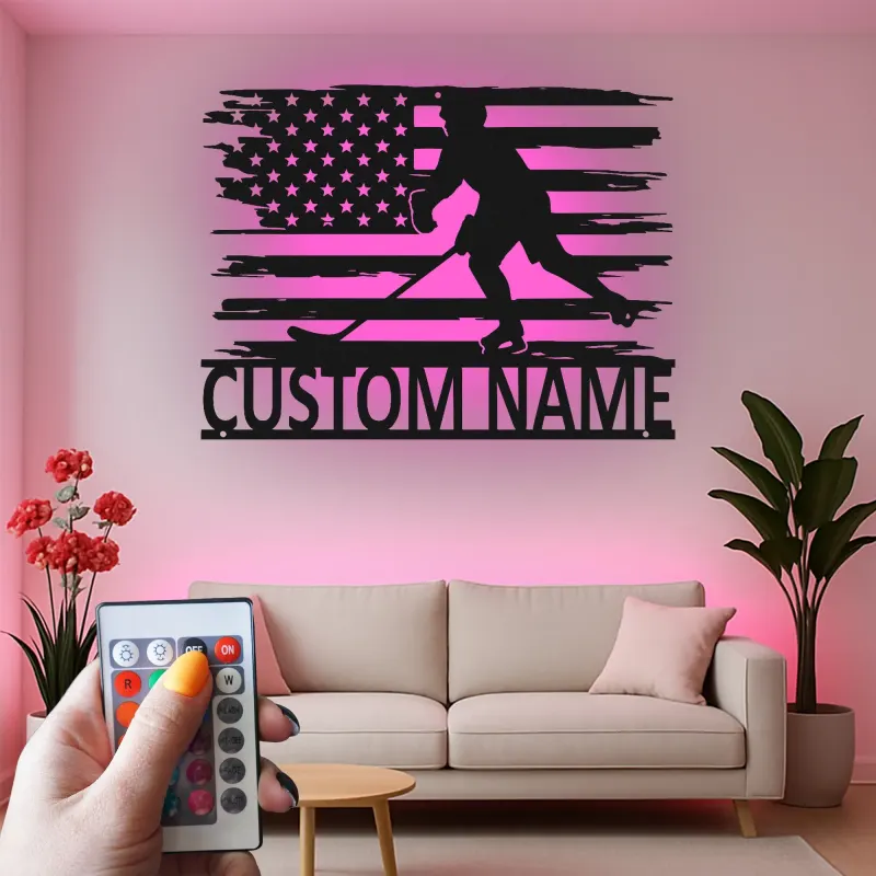 Personalized Hockey Player Metal Sign | Custom Name LED Wall Art with USA Flag | Game Room Decor for Sports Fan