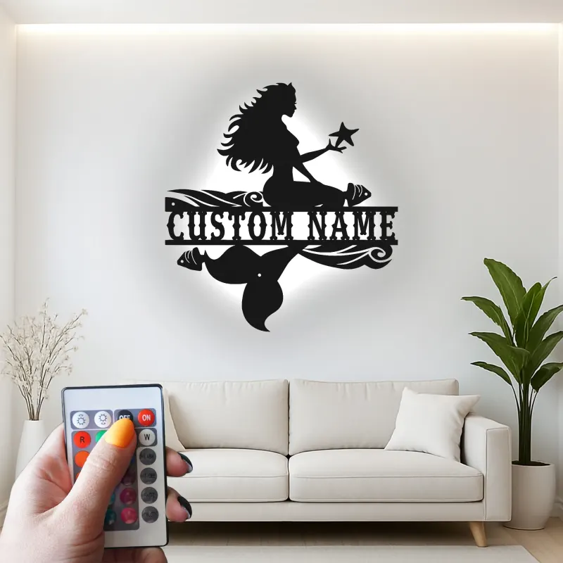 Panneau de sirène personnalisé | Lumière LED personnalisée | Décoration murale en métal pour chambre de fille | Décor de nursery nautique