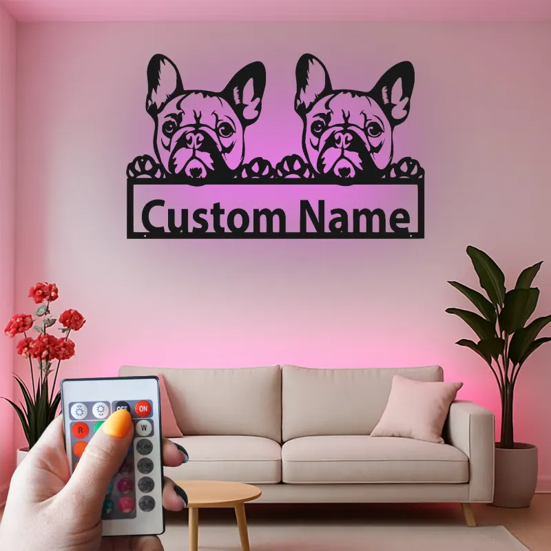 Insegna in metallo personalizzata con Bulldog Francese | Decorazione murale LED su misura | Regalo per lei amante dei cani | Arredo con nome del pet