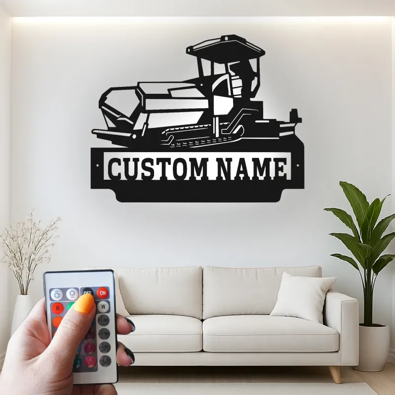 Décoration murale en métal personnalisée avec bulldozer rétroéclairé - Cadeau personnalisé pour passionné de construction - Décor de garage ou de bureau