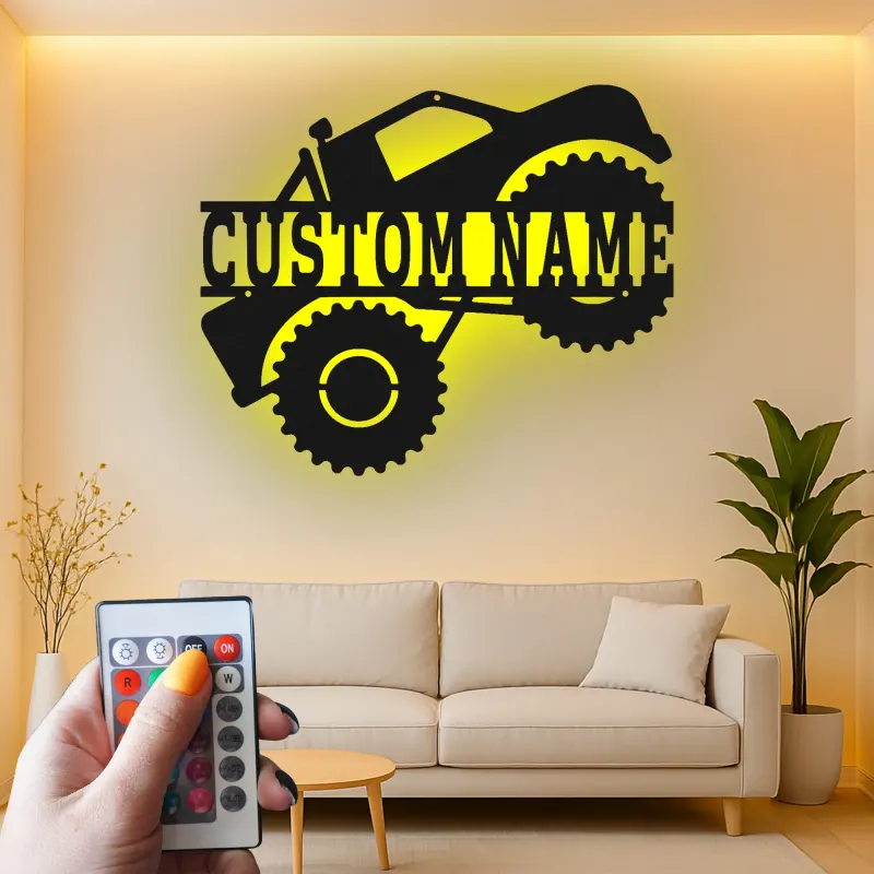Insegna LED Monster Truck Personalizzata | Arte in Metallo Personalizzata | Decorazione Stanza dei Ragazzi e Regalo Fuoristrada | Targa Illuminata