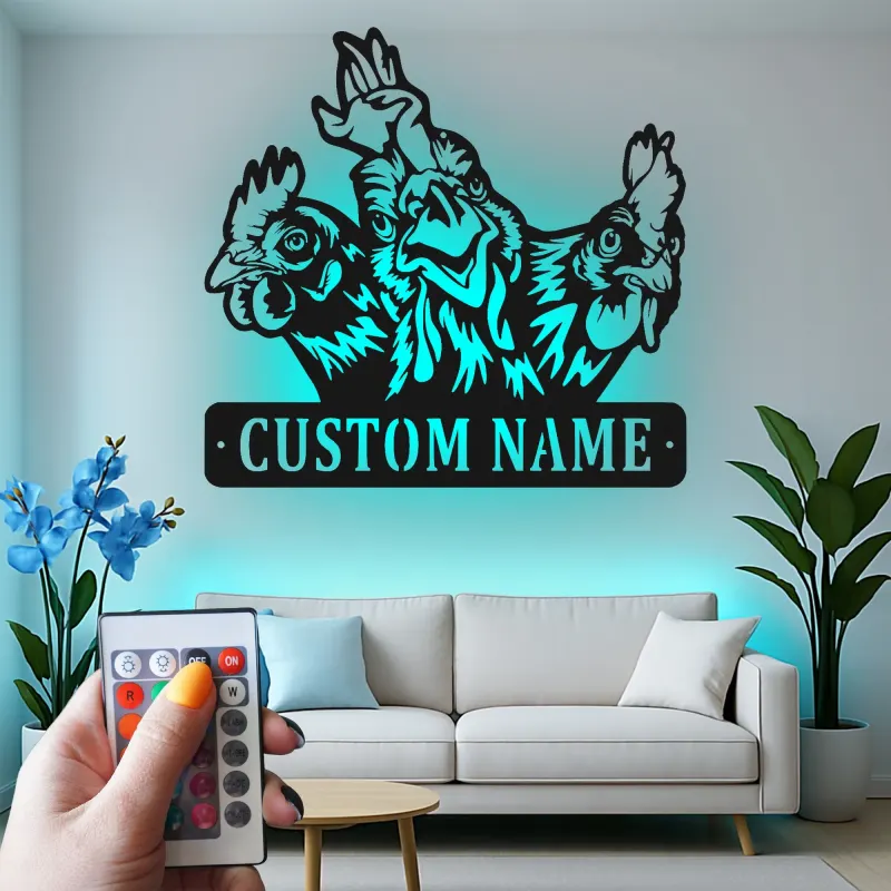 Custom Chicken Trio Led Light Metal Wall Art Farmhouse Gift for Chicken Lovers Kitchen or Barn Decor