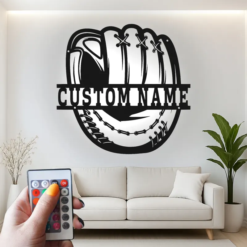 Insegna in metallo personalizzata con luce LED per guanto da baseball - Regalo personalizzato per appassionati di baseball e decorazione per stanze sportive