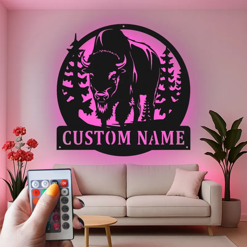 Décoration murale en métal LED personnalisée Bison Cadeau faunique pour les amoureux de la nature Décor de chalet rustique