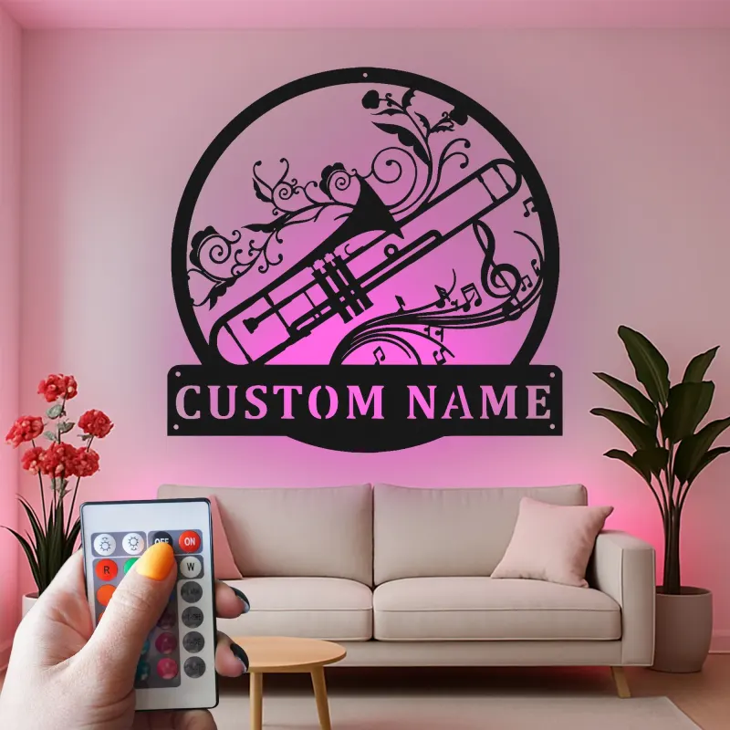 Cartel de metal LED personalizado de trombón, regalo para músicos, decoración de sala de música para amantes de la música