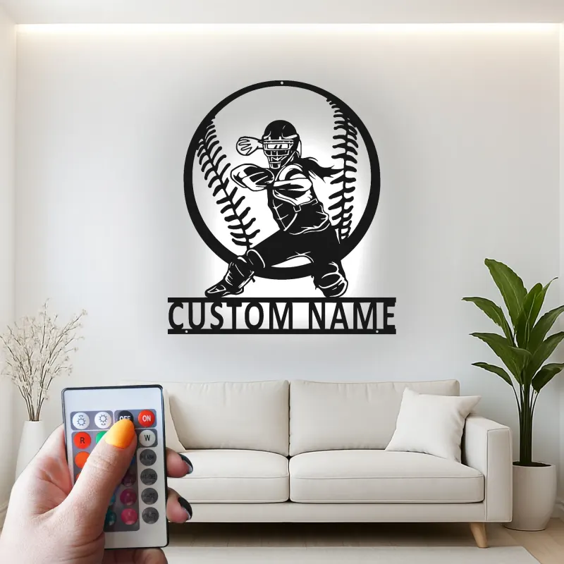 Softball Catcher LED Metal Art | Personalized Player Name Sign | Girls Sports Room Decor | Custom Athlete Gift