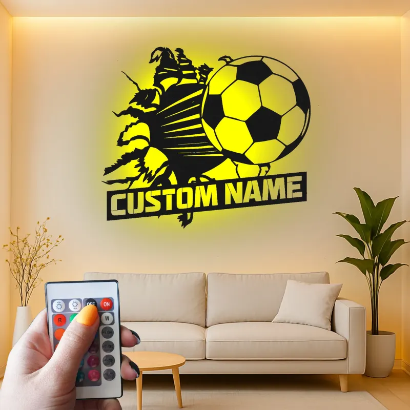 Insegna Nome Personalizzata per Calcio | Arte Murale in Metallo LED | Decorazione Sportiva Personalizzata per Camera dei Bambini | Regalo per Giocatore di Calcio