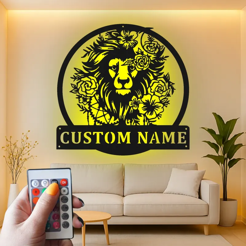 Cartel de león personalizado de metal | Arte mural LED personalizado para salón y hogar | Regalo de decoración de vida salvaje boho