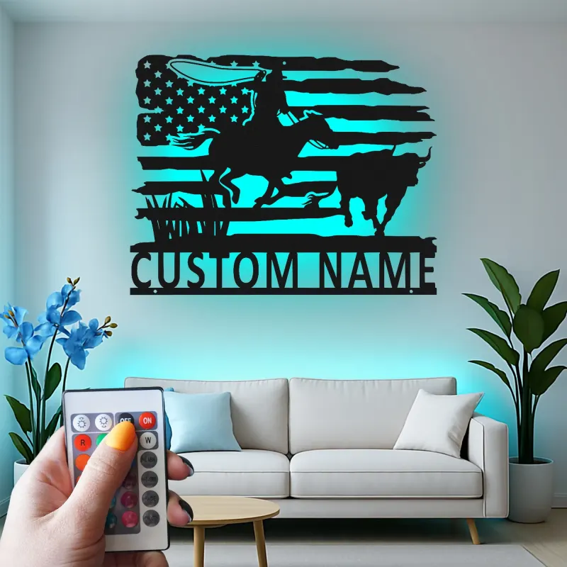 Cartel de metal personalizado con luz LED de vaquero rodeo, regalo western para él, decoración rústica de rancho