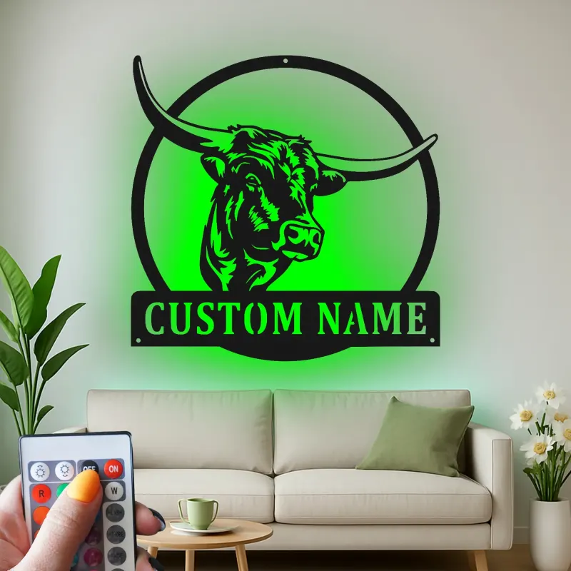 Décoration murale en métal personnalisée avec longhorn et rétroéclairage LED - Cadeau pour rancher, décoration de style western pour la maison