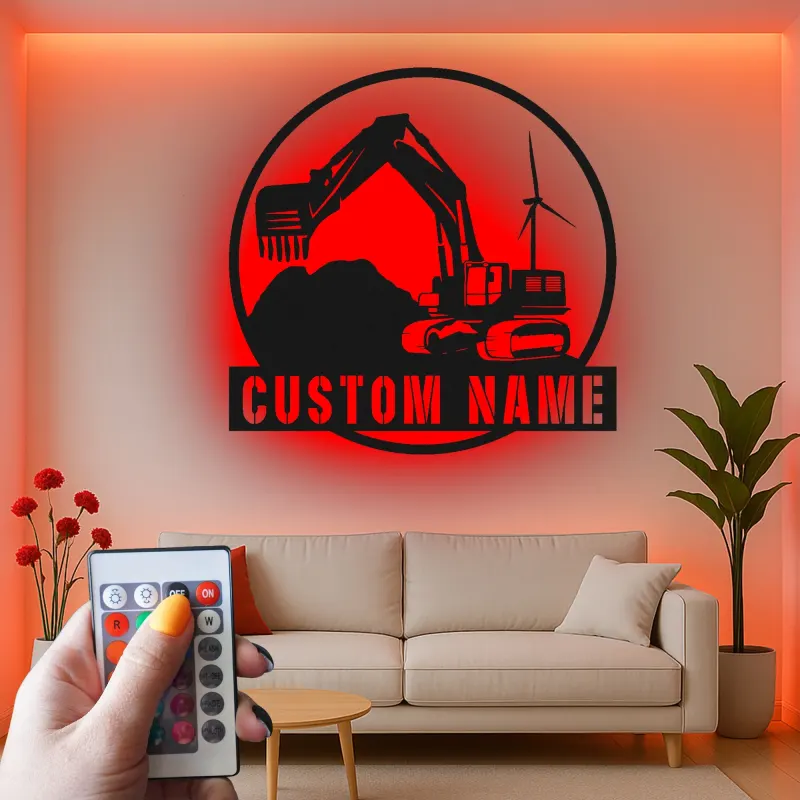 Personalisierte LED-Metall-Wandkunst mit Bagger – Geschenk für Bauprofis, Garagen- oder Bürodeko