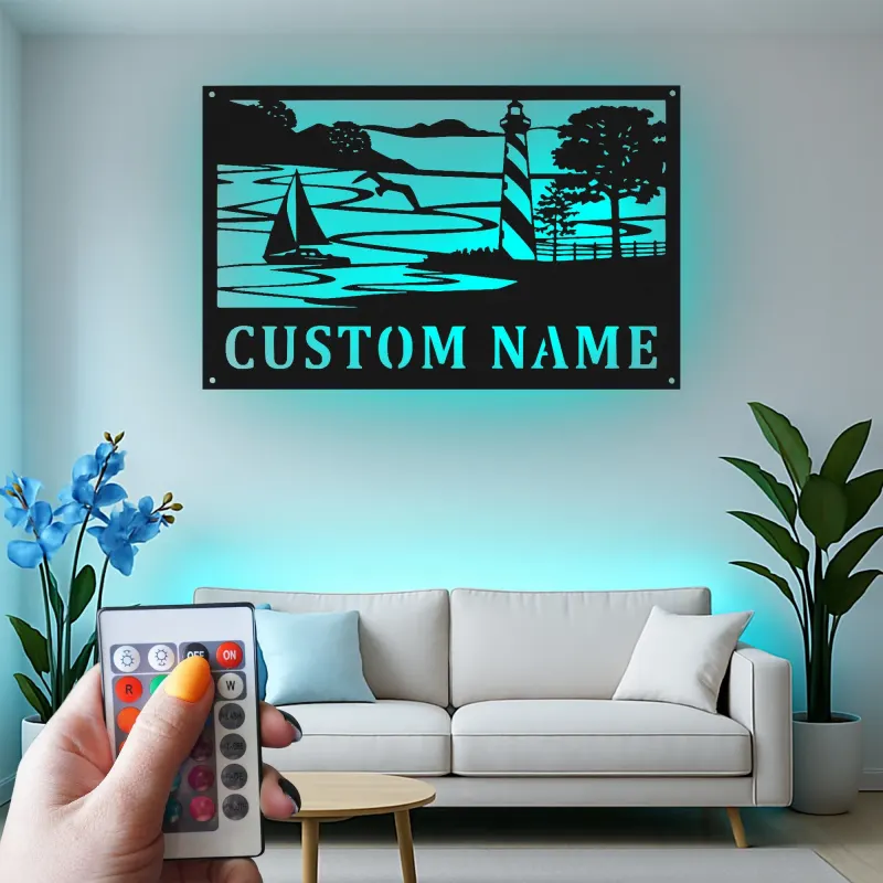 Décoration murale en métal personnalisée avec phare et voilier et rétroéclairage pour les amoureux de la plage