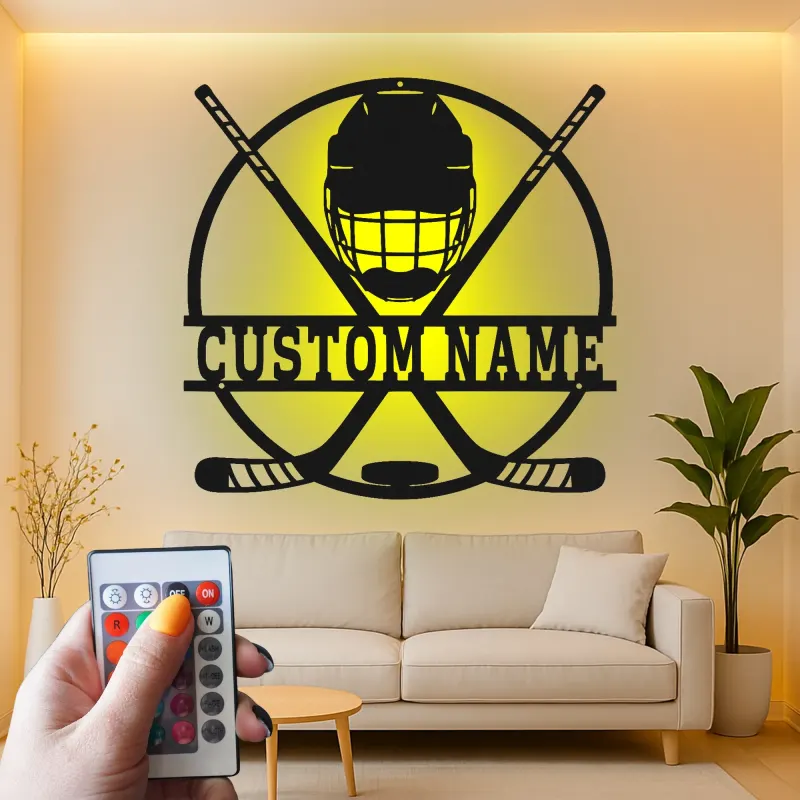 Cartel LED personalizado de jugador de hockey | Decoración mural de metal personalizada | Regalo deportivo para habitación infantil y cueva masculina