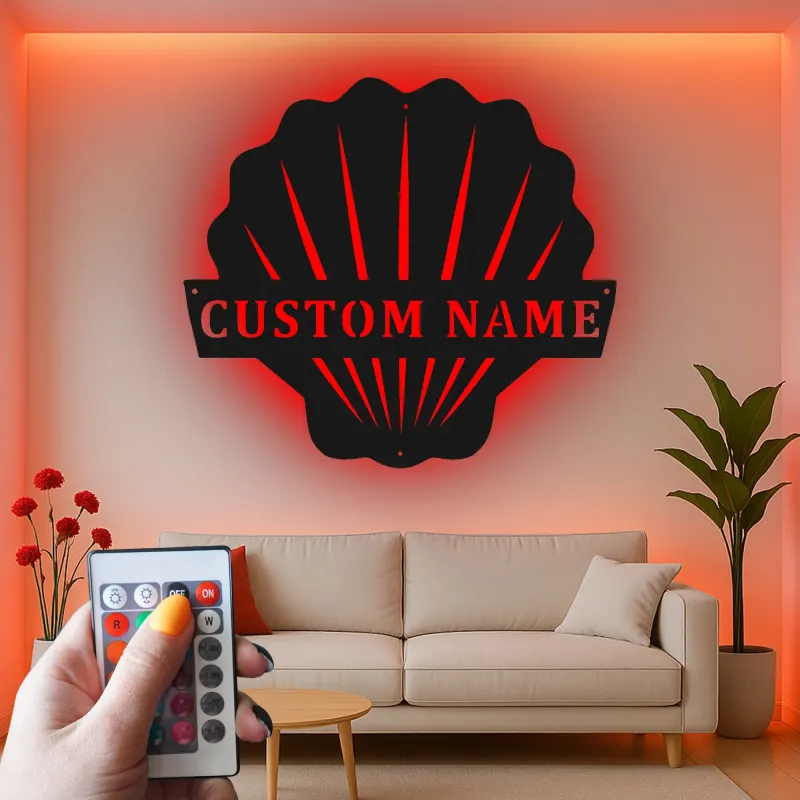 Cartel LED de Concha de Vieira | Decoración Costera Personalizada para Casa de Playa | Arte Náutico de Pared Personalizado | Placa de Nombre Inspirada en Art Deco para Baño