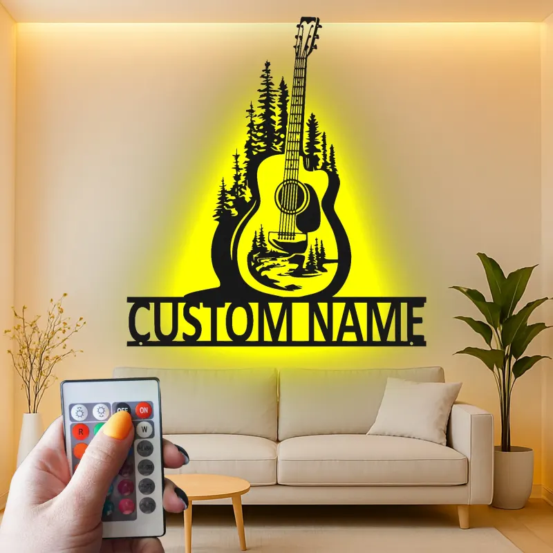 Custom Guitar LED Metal Art | Personalized Musician Name Sign | Studio Decor for Guitar Lover