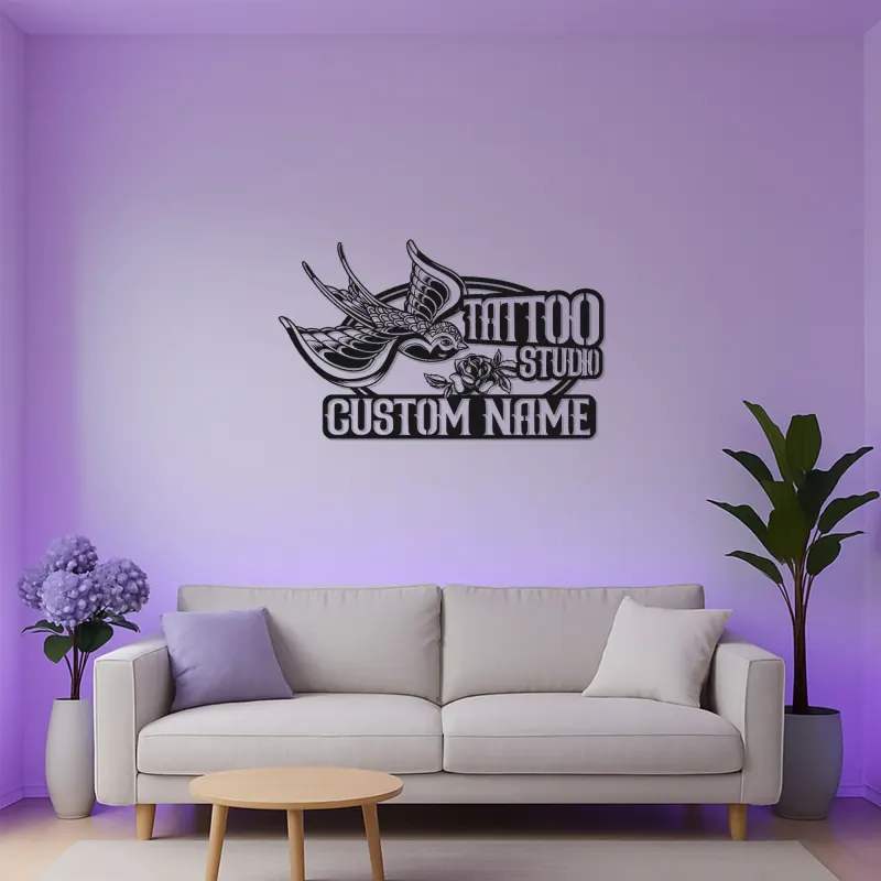 Personalisierter Tattoo-Studio-Schild | Handgefertigte Schwalbe Metall-Wandkunst mit LED | Vintage Tattoo-Künstler Geschenk | Retro Salon-Dekor