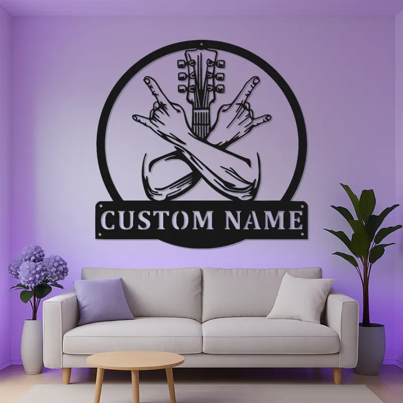 Enseigne métal LED guitare personnalisée | Plaque prénom musicien | Décoration murale rock pour studio | Cadeau pour guitariste