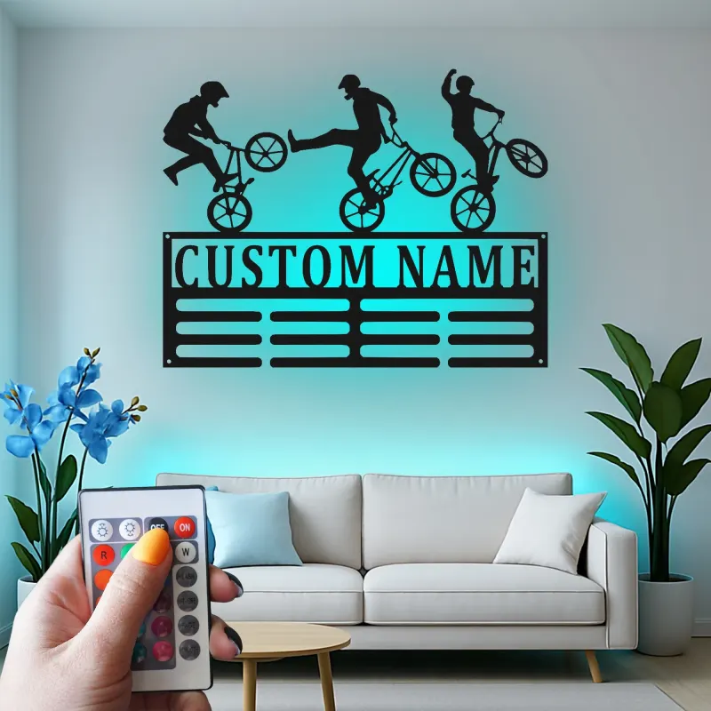 Personalisiertes BMX Radfahrer LED-beleuchtetes Metallschild Geschenk für BMX-Enthusiasten Spielzimmer oder Schlafzimmer Dekor