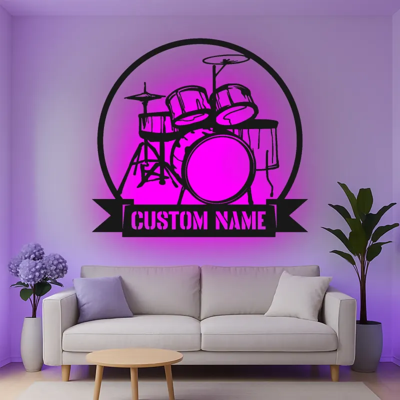 Custom Drum Set Led Light Metal Wall Art Personalized Musician Gift Studio or Music Room Decor 3