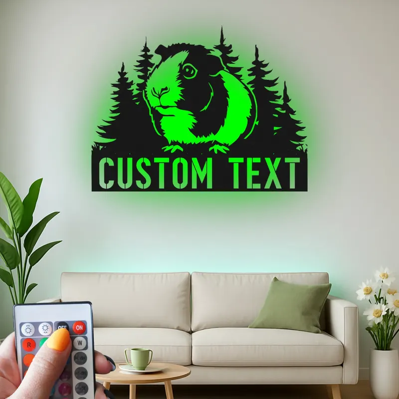 Insegna LED personalizzata con porcellino d’India | Arte murale in metallo personalizzata | Regalo per amanti degli animali per cameretta e nursery | Targa con nome dell’animale