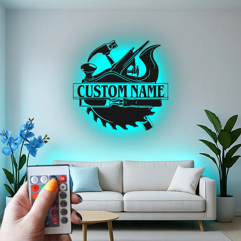 Personalisierte Holzwerkzeuge LED-beleuchtete Metall-Wandkunst Geschenk für Tischler Werkstatt-Dekoration