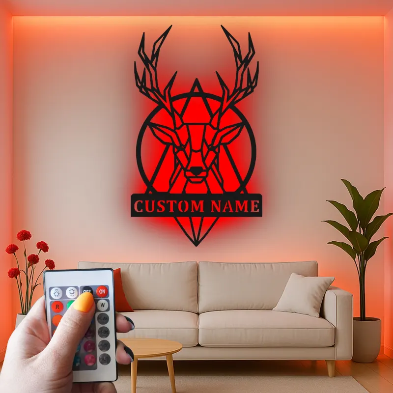Cartel de metal LED personalizado de ciervo geométrico, regalo personalizado para amantes de la naturaleza, decoración rústica para salón