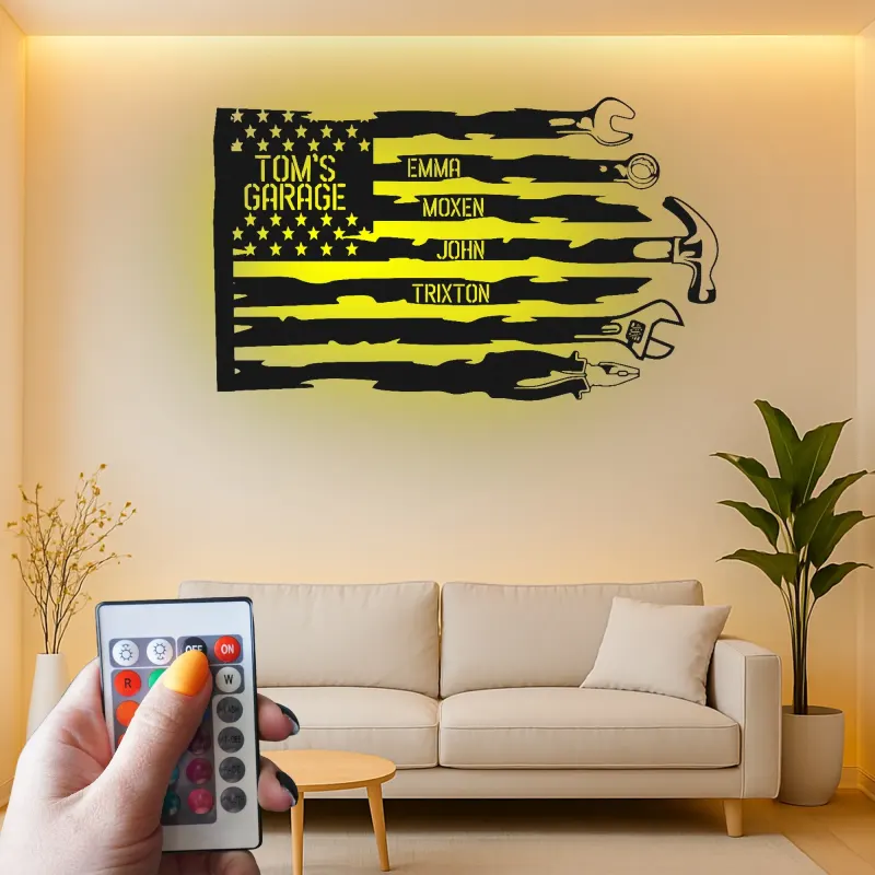 Insegna personalizzata per garage con LED | Arte murale in metallo con attrezzi personalizzata | Decorazione officina patriottica | Regalo per papà