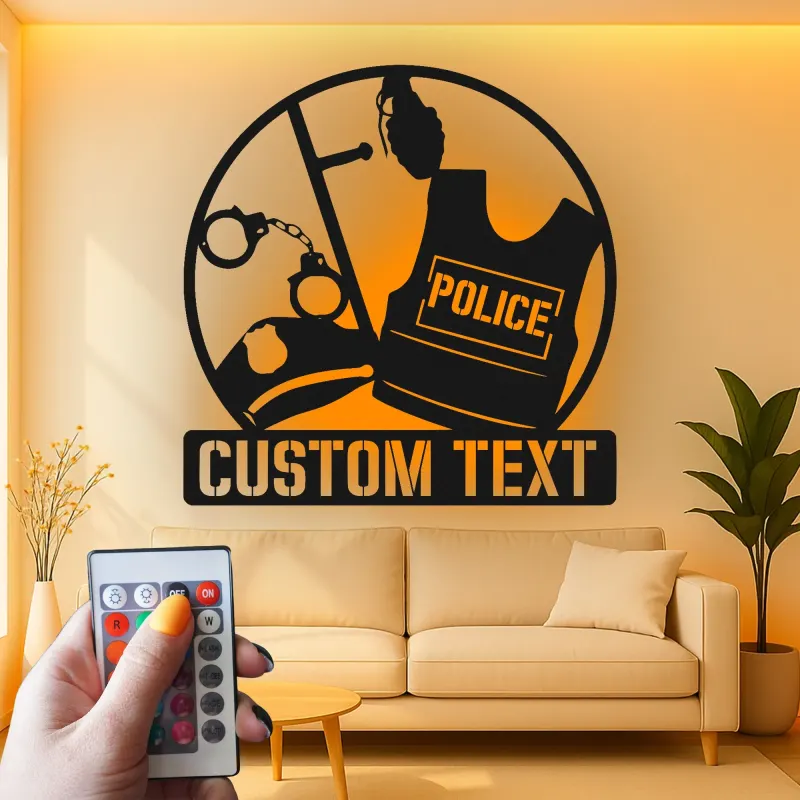 Personalized Police Gear Metal Sign | LED Law Enforcement Wall Art | Custom Officer Name Plaque | Cop Retirement & Academy Gift