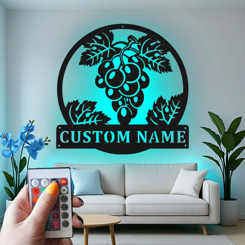 Cartel de viñedo con uvas personalizado | Decoración mural de metal con LED | Decoración para bodega y cocina | Regalo para amantes del vino