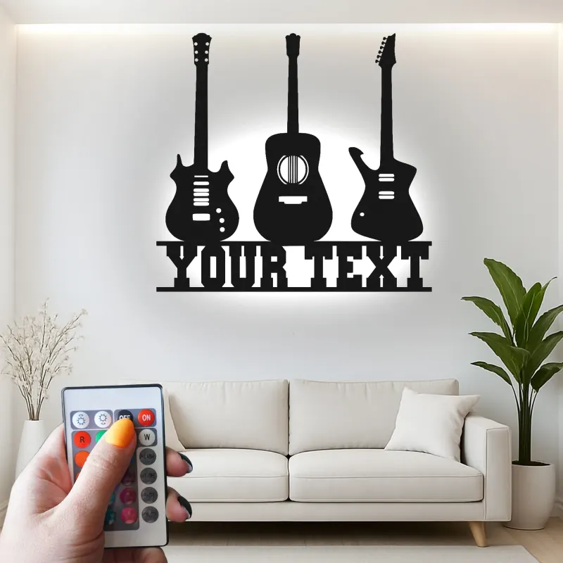 Insegna LED personalizzata a forma di chitarra | Decorazione murale in metallo personalizzata per sala musica | Regalo per musicisti | Arredo da parete per chitarristi