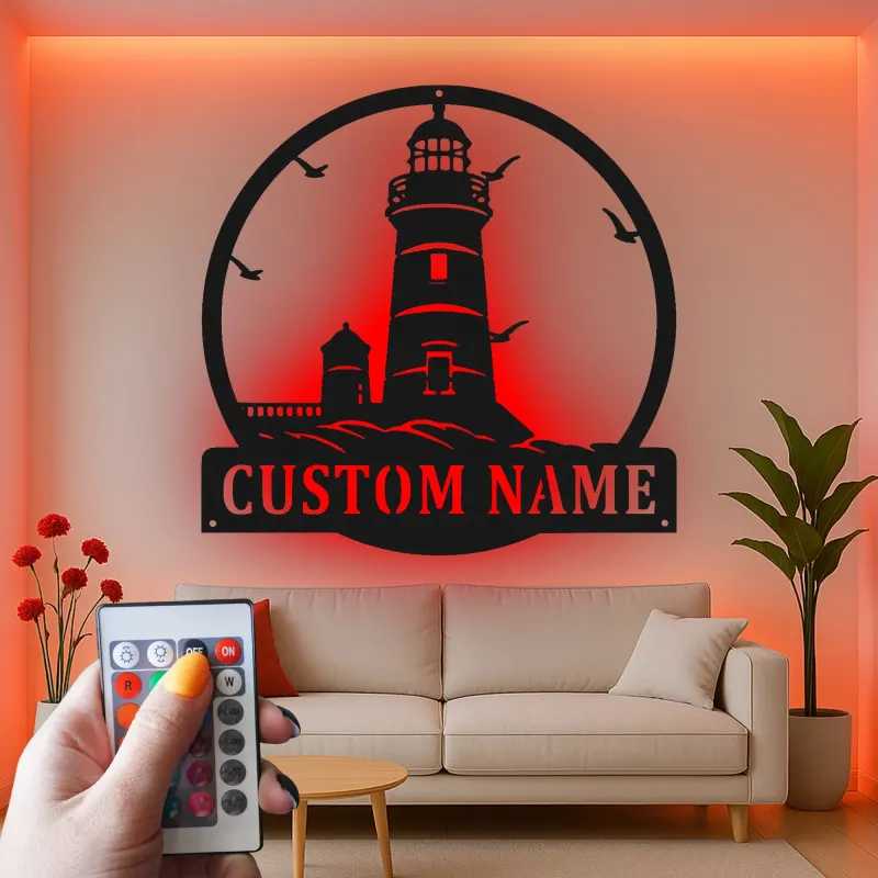 Décoration murale en métal personnalisée phare | Rétroéclairage LED | Décor nautique personnalisé pour maison de plage | Cadeau pour amoureux de l'océan