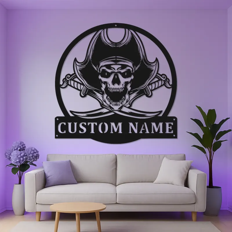 Panneau LED Crâne de Pirate | Art Mural Métallique Personnalisé | Décor Squelette Nautique Personnalisé pour Salle de Jeu & Bar