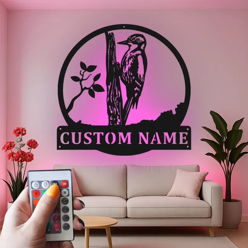 Personalisierte Specht LED-beleuchtete Metall-Wandkunst Geschenk für Naturfreunde Rustikale Wohnkultur für Vogelenthusiasten