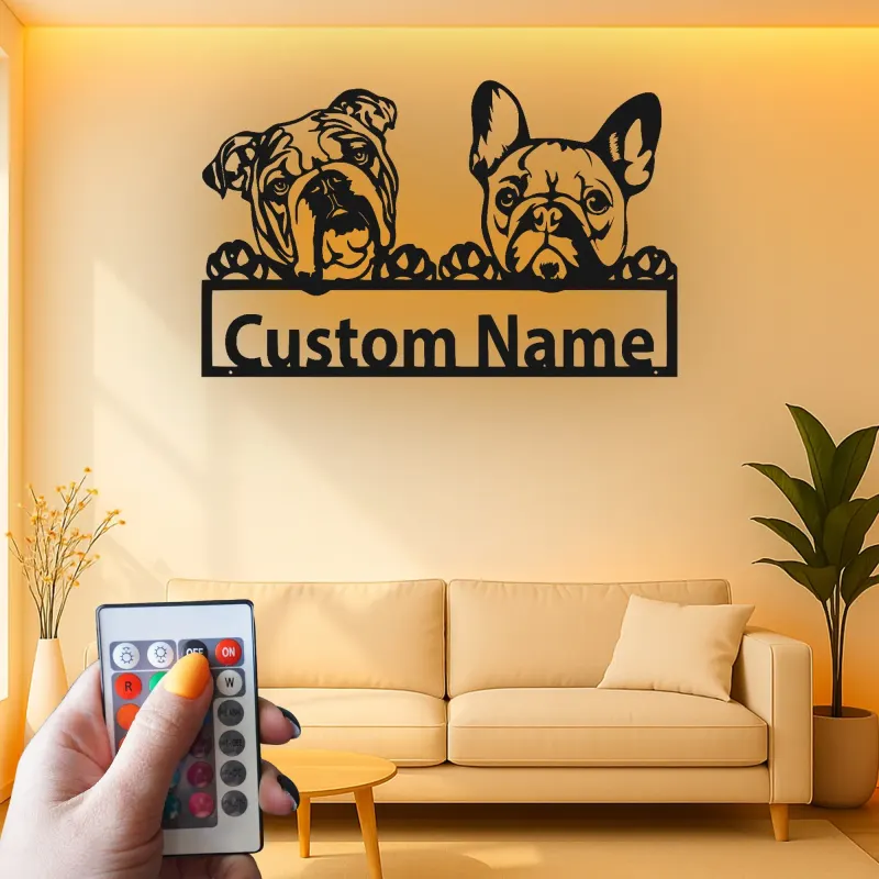 Cartel de metal LED personalizado de Bulldog y Bulldog Francés, regalo para amantes de los perros, decoración para la sala de estar