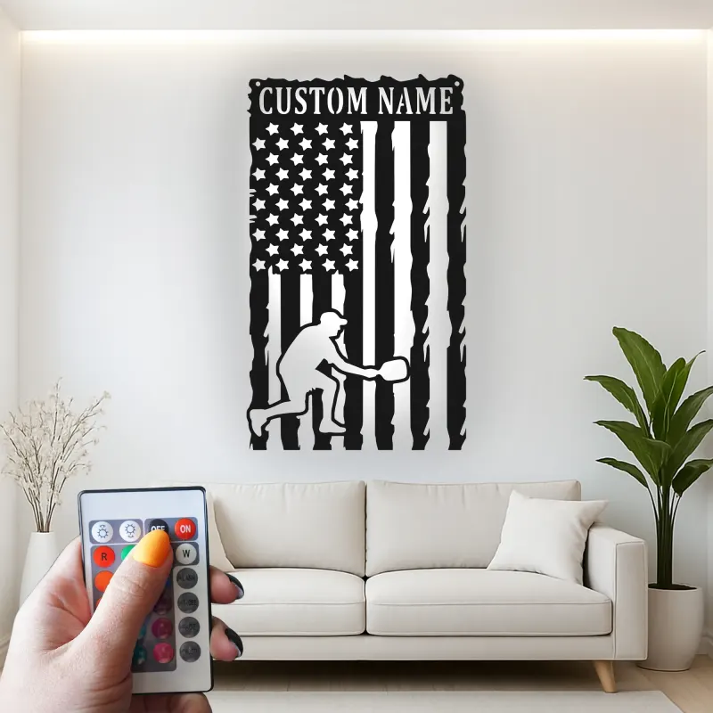 Pickleball Player Metal Wall Art | Custom Name American Flag LED Sign | Patriotic Sports Decor for Home or Gym | Hand-Crafted Steel