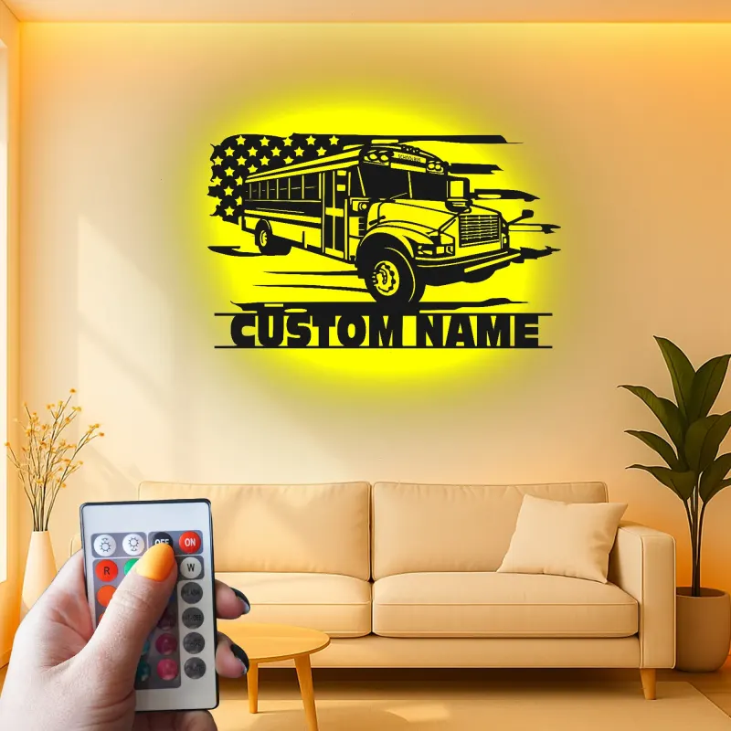 Custom School Bus LED Sign | Metal Wall Art | Personalized Driver Gift | Patriotic Classroom Decor