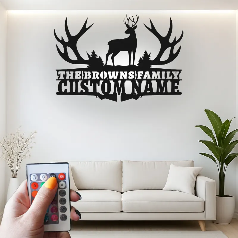 Insegna in metallo LED a forma di corna di cervo personalizzata - Regalo per nome di famiglia per decorazione rustica di cabin
