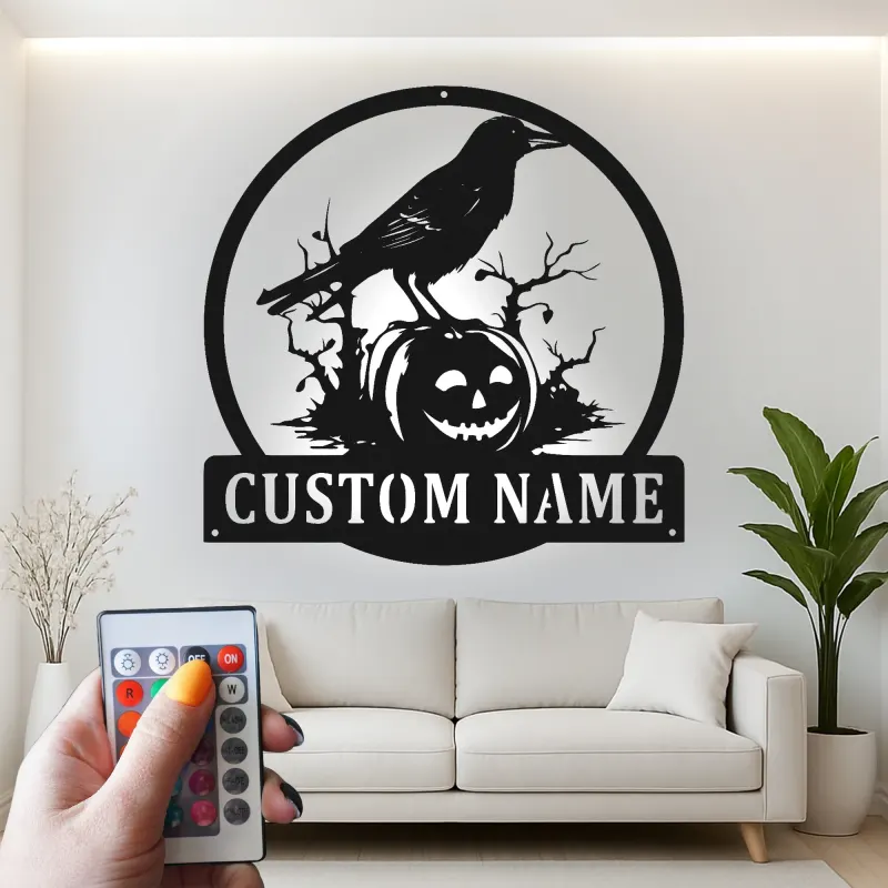 Panneau en métal personnalisé Corbeau & Citrouille | Décoration murale Halloween avec rétroéclairage | Décor effrayant personnalisé | Cadeau gothique