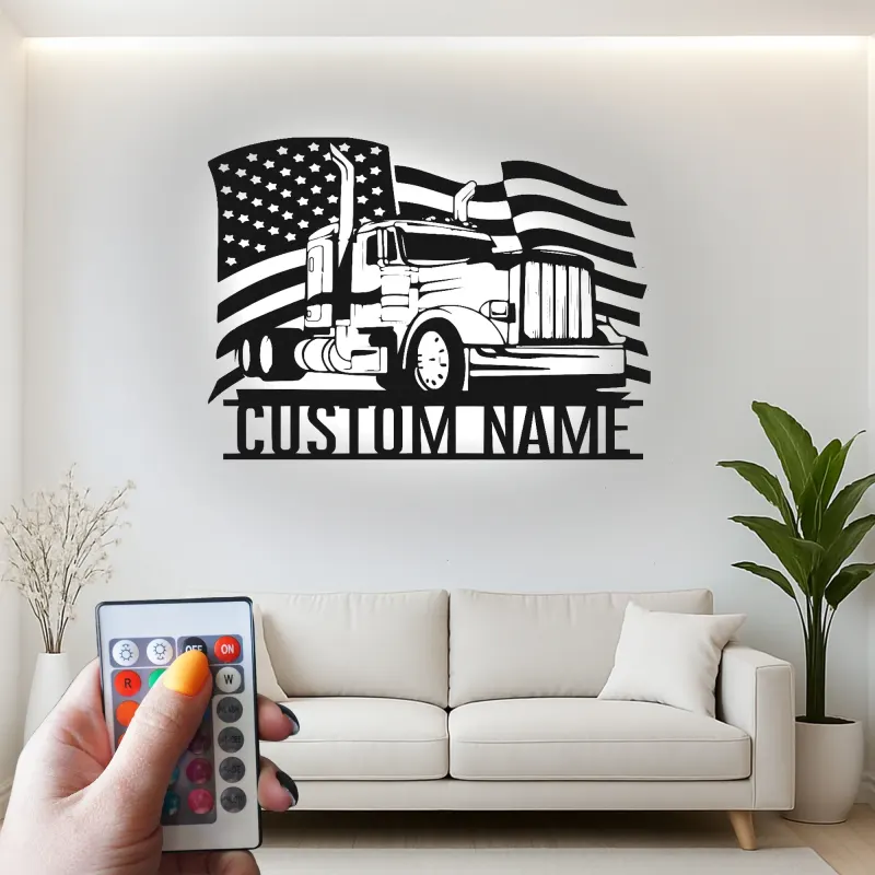 Panneau Trucker Personnalisé | Art Murale Métal Drapeau Américain LED | Cadeau Personnalisé pour Conducteur de Camion Semi | Décor Man Cave