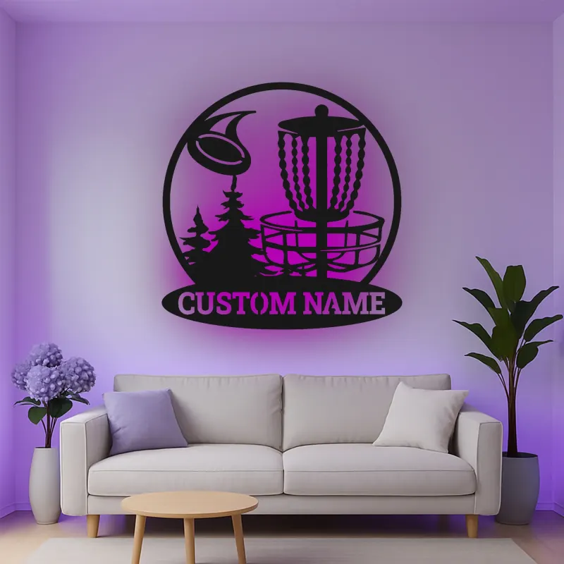 Décoration murale en métal LED personnalisée pour panier de disc golf - Cadeau pour les golfeurs