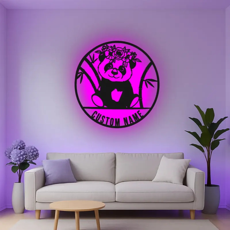 Insegna in metallo personalizzata con panda e luce LED - Regalo personalizzato per nursery, decorazione carina per la camera dei bambini